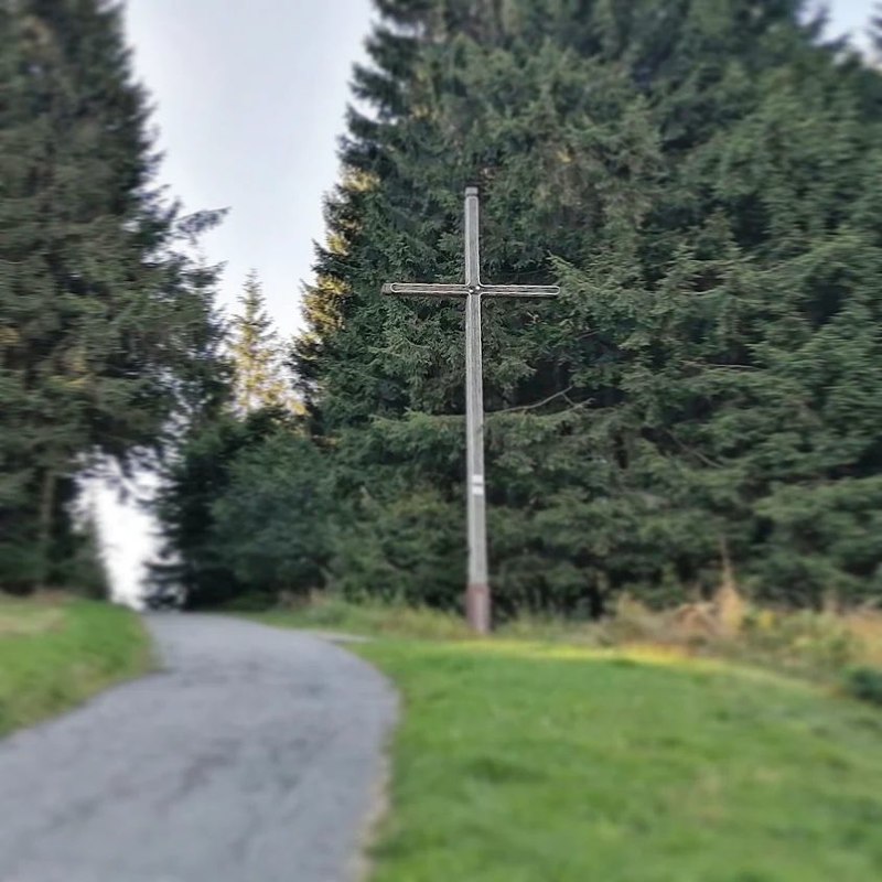 Das Gipfelkreuz am Kreuzhaus, ein altes gibt es noch einige Meter weiter entfernt mitten im Wald
